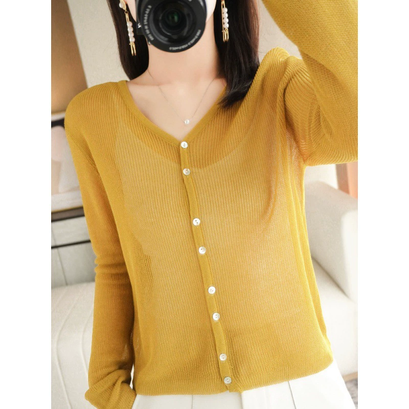 24-летние новые V-образные вязаные кардиганы из ледяного шелка солнцезащитный крем тонкий дизайн свободный сплошной блузка блузка