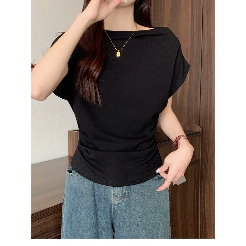 2024 летняя новая женская модная футболка с открытыми плечами и короткими рукавами, шикарный однотонный топ для похудения