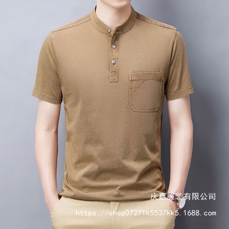 Summer Short-Sleeve Men's T-Shirt with Henry Collar, Real Pockets, Washed Vintage Casual Solid Color for Middle-Aged and Elderly Men Wholesale Summer Short-Sleeve Men's T-Shirt with Henry Collar, Real Pockets, Washed Vintage Casual Solid Color for Middle-Aged and Elderly Men Wholesale