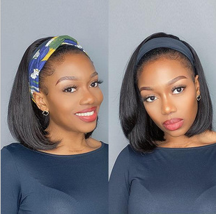 Headscarf wig European and American women's fashion inner buckle bob Head short straight hair ice silk hair band short straight hair chemical fiber wig