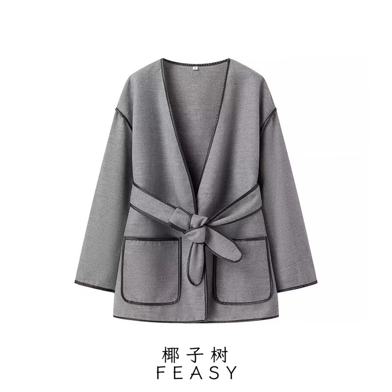 Amazon cross-border foreign trade European and American women's clothing 2024 autumn and winter new temperament fashion belt contrast color double-sided tweed coat Amazon cross-border foreign trade European and American women's clothing 2024 autumn and winter new temperament fashion belt contrast color double-sided tweed coat