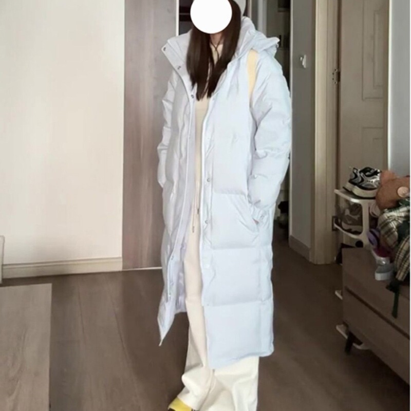 大码温柔风奶蓝色中长款羽绒棉服女冬季宽松加厚保暖过膝棉衣外套|undefined
