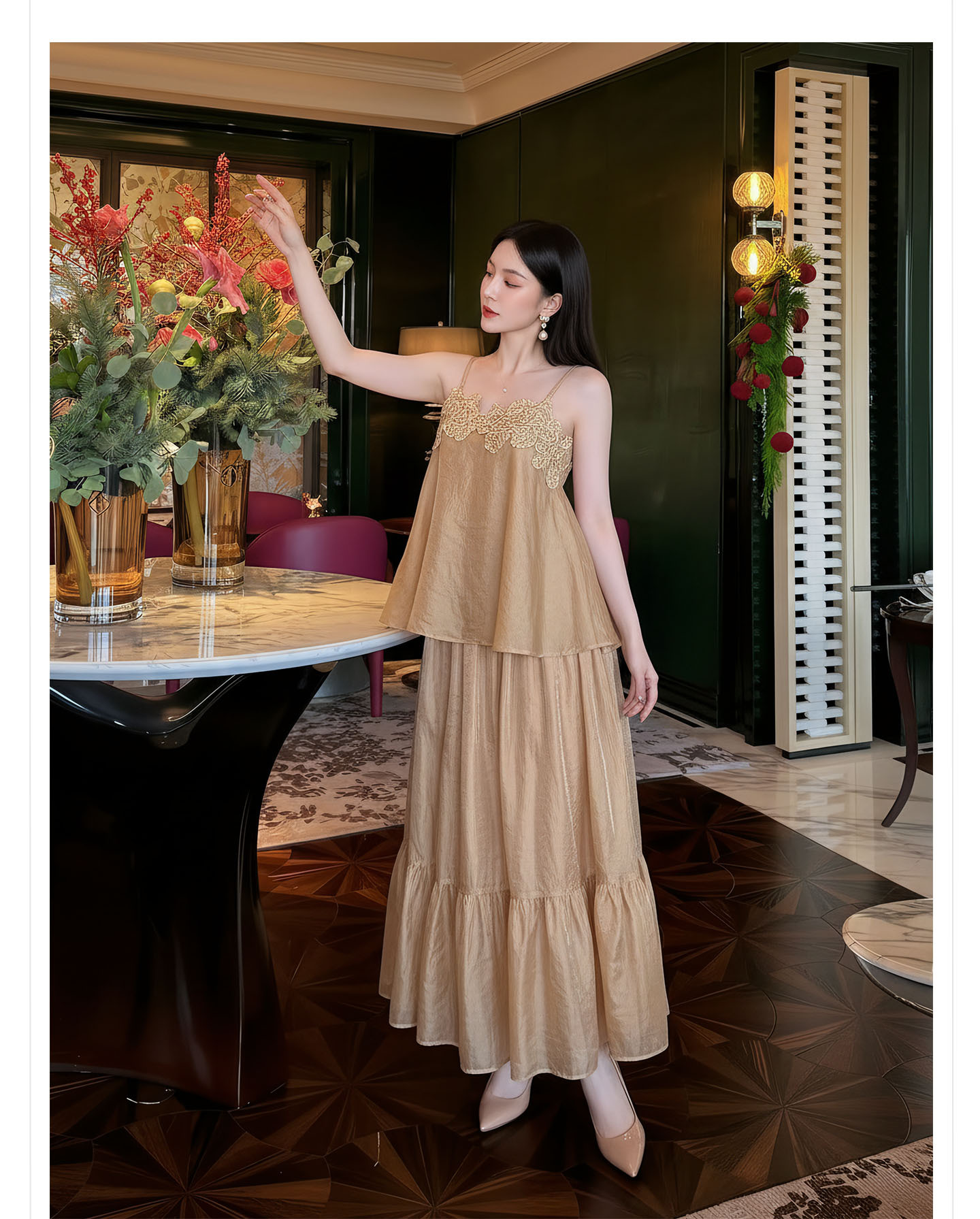 Bộ váy đầm maxi nữ thắt eo phong cách tân cổ điển Trung Hoa sang trọng — nửa váy, Trang chủ chi tiết 9