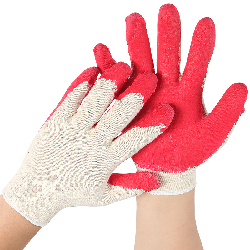 Guantes de protección laboral de caucho plano rojo de 10 agujas, hilo de algodón grueso y resistente al desgaste, hilo de algodón, guantes de protección de sitio de látex antideslizantes transpirables
