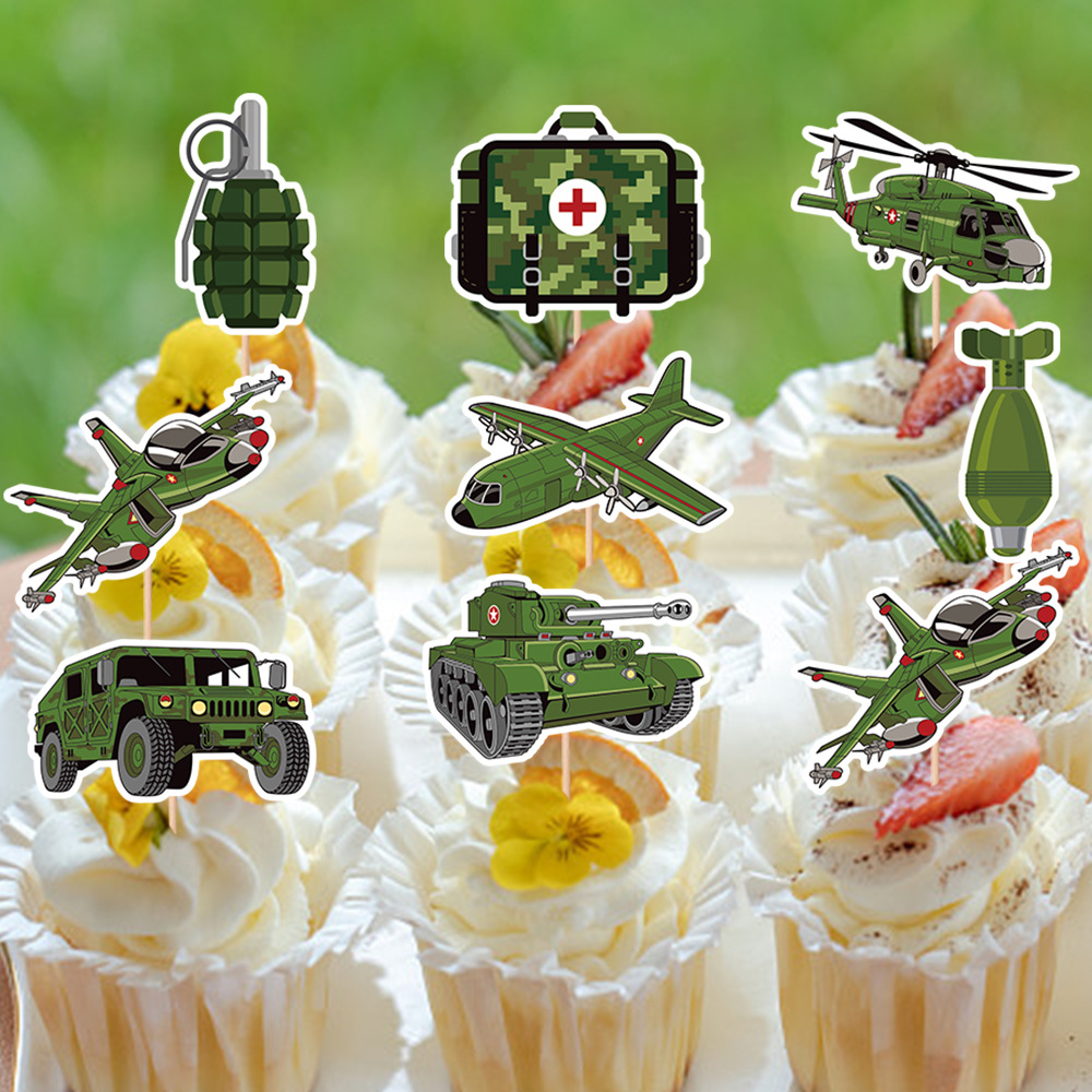 Nuevo tema militar cumpleaños decoración cumpleaños tire bandera camuflaje tire bandera espiral colgante pastel Tarjeta de inserción
