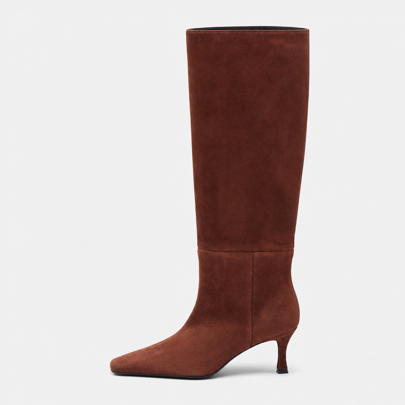 2026 New Vintage Coffee-Colored Suede Women's Long Boots with Square Toe, Stiletto Heel, Simple Commuting Design, Slimming Straight High-Tube Riding Boots