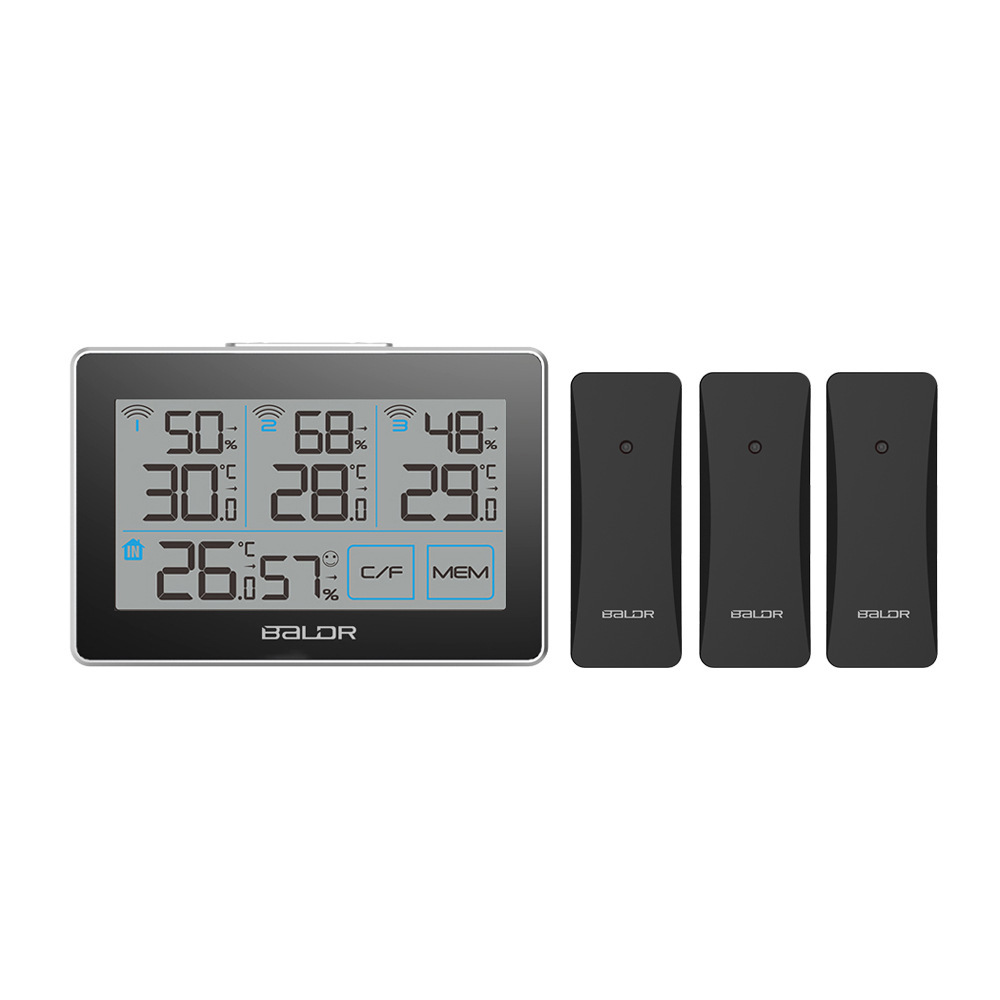 (2개) BALDR 새로운 3 채널 무선 실내 및 실외 온도 및 습도 미터 1 대 3 LCD 날씨 시계 기상 관측소 편안함