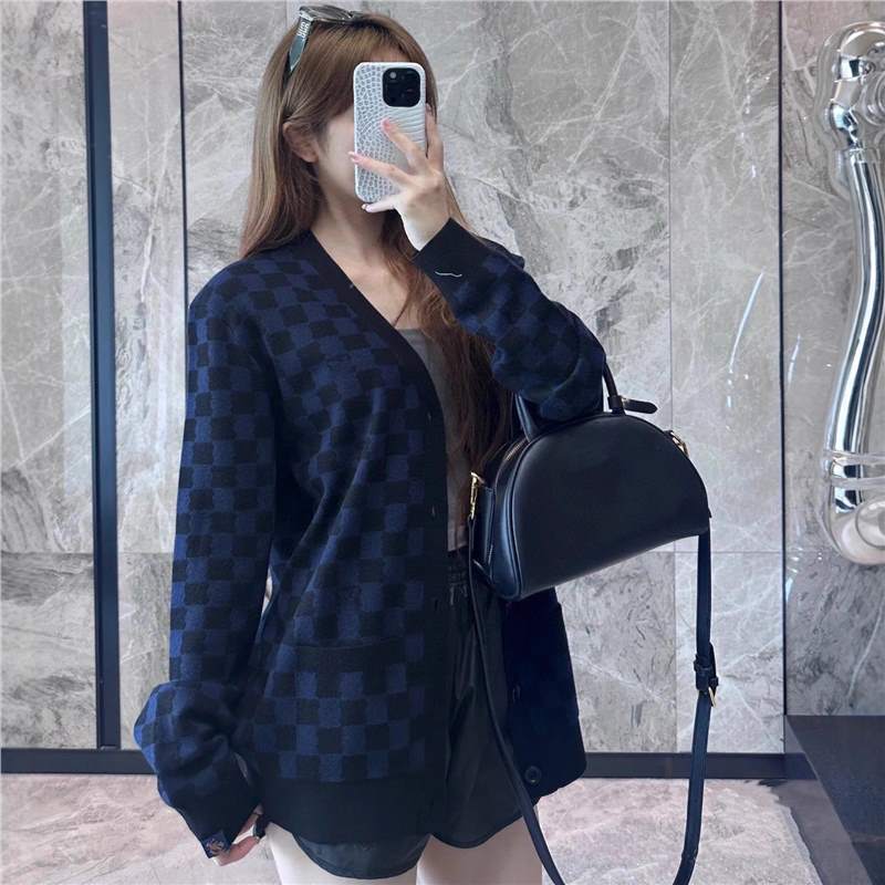 Ceiling Original Standard Lujia Xiaohongshu Internet Celebrity Style Checkered V-Neck Loose Long-Sleeve Sweater Jacket for Men and Women