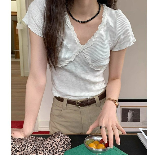 [300g 5x4 Ribbed Trim] Ruffled V-Neck Clavicle-Slit Off-Shoulder Short-Sleeve T-Shirt for Women, Slimming High-Waist Cropped Top