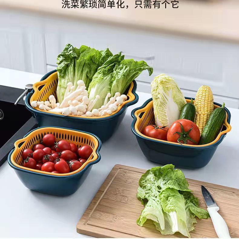 Cocina de doble capa de frutas y verduras cesta de drenaje de 6 piezas conjunto hogar multifuncional cesta de drenaje de plástico resistente a la gota de lavado de verduras cesta