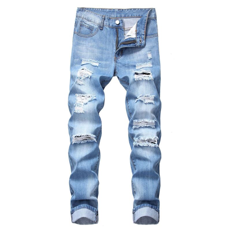 Cross-Border Men's Ripped Straight-Leg Slim-Fit Non-Stretch Jeans with Multiple Tears, Men's Amazon North America Long Pants, Light Blue Cross-Border Men's Ripped Straight-Leg Slim-Fit Non-Stretch Jeans with Multiple Tears, Men's Amazon North America Long Pants, Light Blue