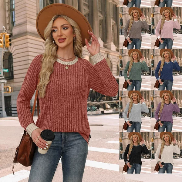 2026 Spring and Autumn Amazon European and American Cross-Border Foreign Trade Women's Ribbed Brushed Color-Block Casual Round-Neck Pullover Long-Sleeve Top