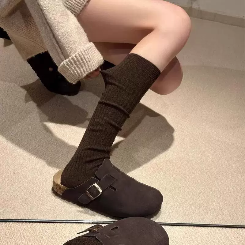 纯色简约小腿袜女秋冬堆堆袜日系学院风jk长筒袜咖色美拉德袜子