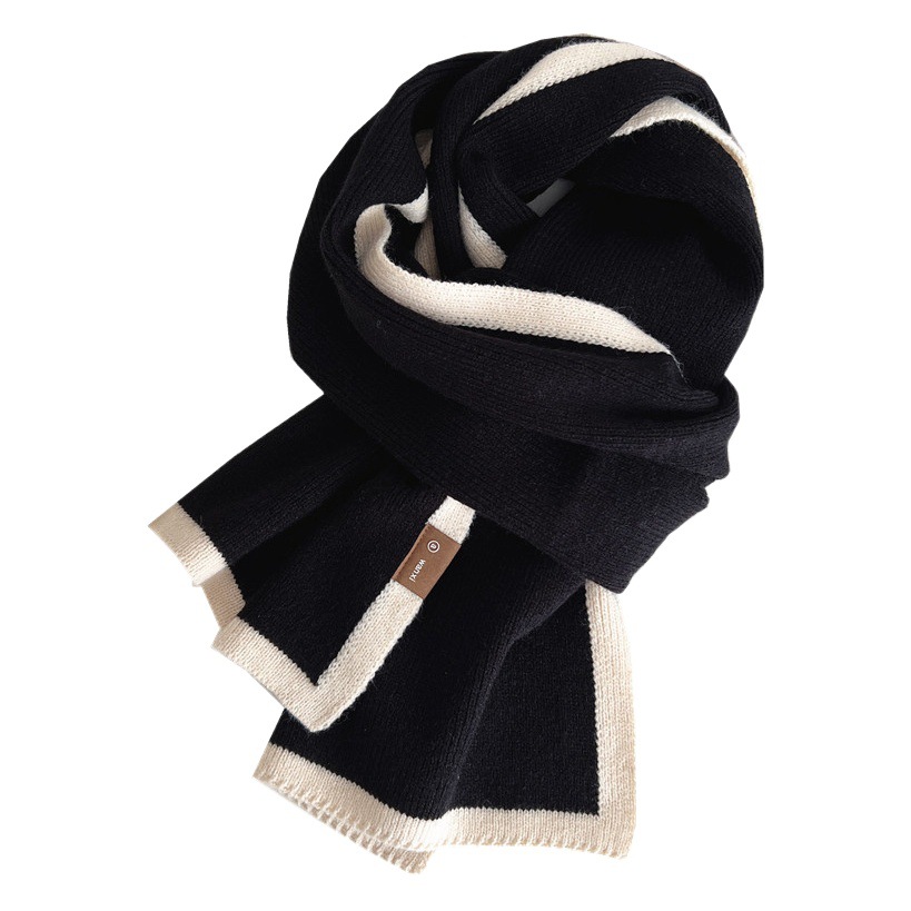 Black and white color matching scarf winter new high-grade border knitted wool niche design versatile male and female scarf