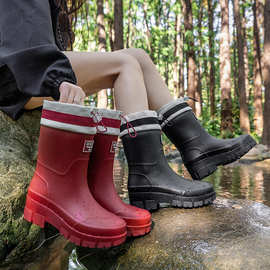 跨境韩国水靴时尚束口雨鞋女松紧口耐磨防滑防水鞋中筒雨靴洗车鞋