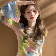 日焼け止めプリントネットtシャツ夏の薄いタイプの甘い日焼け止めブラウス韓国版デザイン感ファッションブラウス女性
