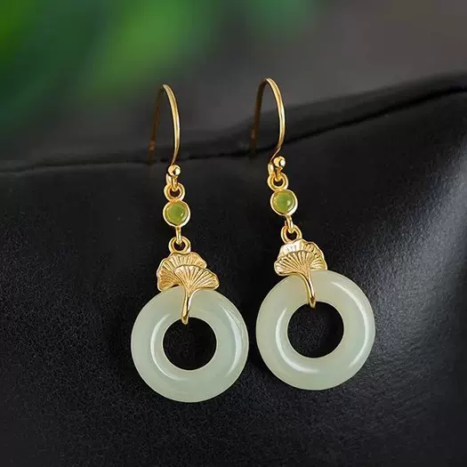 和田玉平安扣耳环女银杏叶古风玉耳坠小众高级感新中式旗袍耳饰