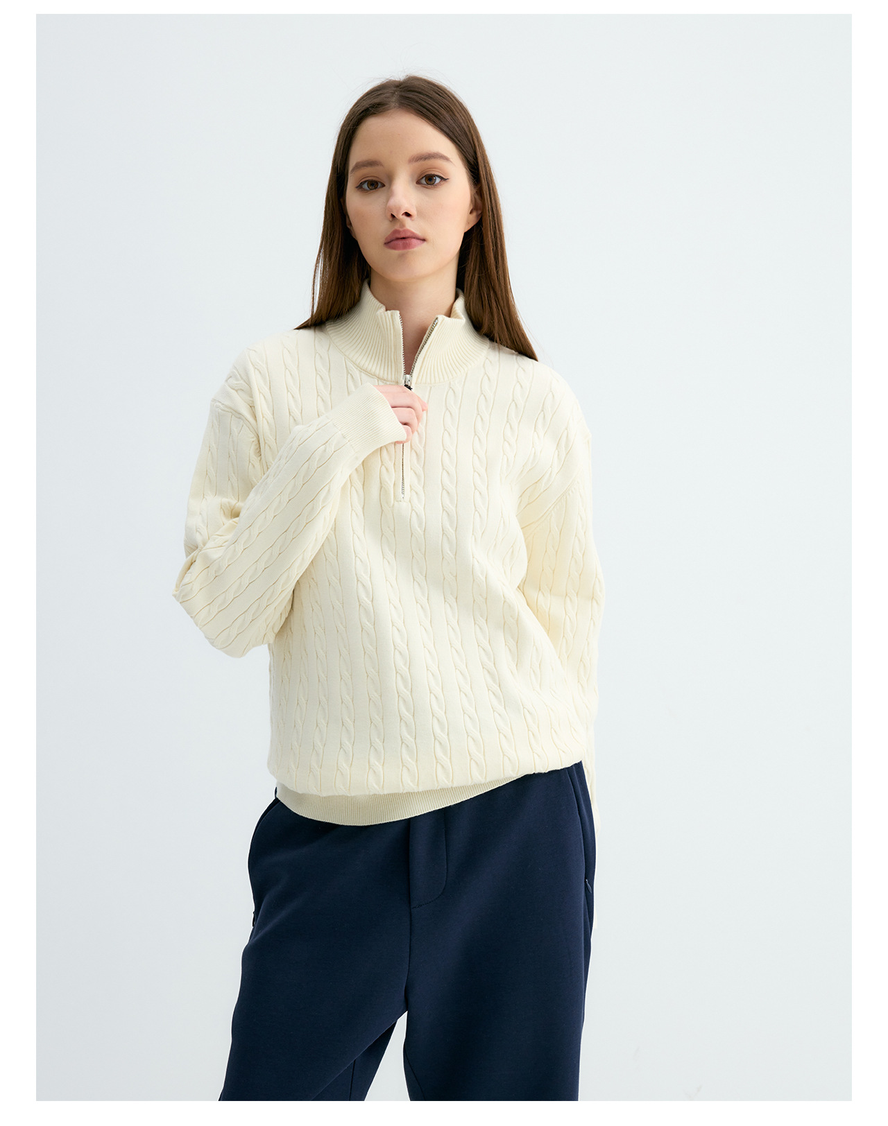 UNF 250g Half-Zip Cable-Knit Mock-Neck Sweater