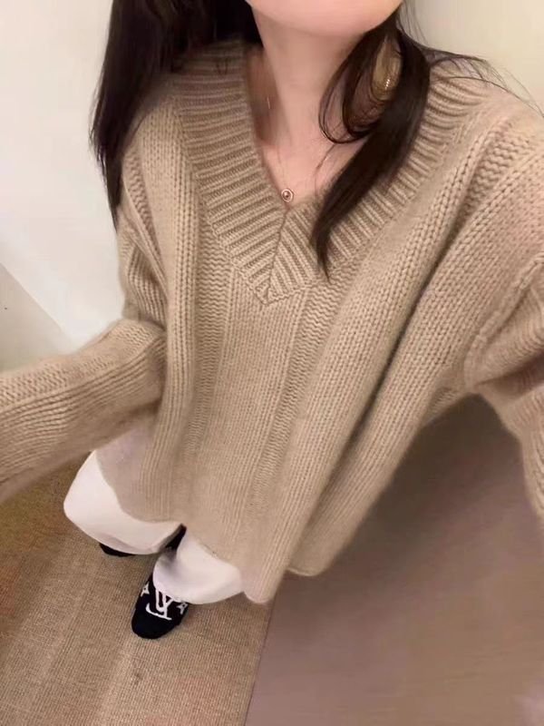 2025秋冬100羊毛女士套头V领针织打底衫宽松软糯气质休闲简约长袖|undefined