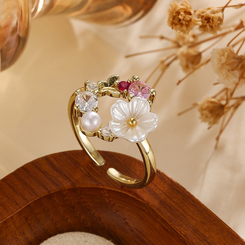 Cross-Border Popular Creative Butterfly Flower Rose Gold Ring Micro-Paved Zircon Niche Design Sweet Women's Ring Bracelet