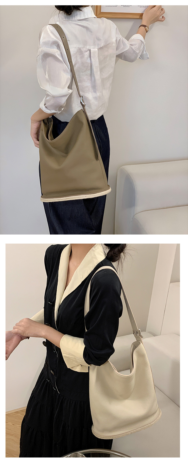 Bucket leisure large capacity commuting women's 2024 new single shoulder tote bag, leather soft cowhide crossbody bag_voghion.com