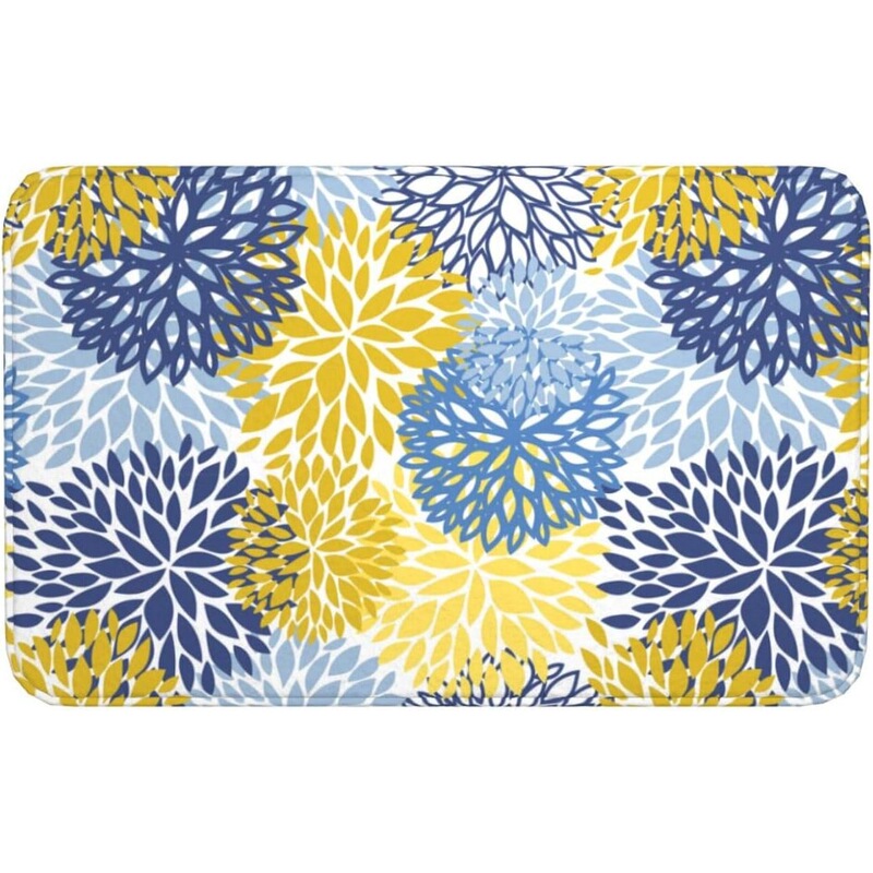 Cross-Border Supply of Flannel Blue, Yellow and Navy Blue Chrysanthemum Bath Mats, Non-Slip Soft Bathroom Carpets, Washable