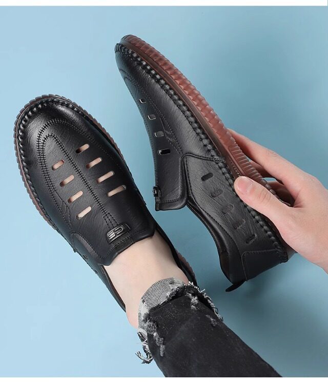 Giày sandal nam da lười khoét lỗ đế bằng chống trượt thoáng khí — Màu kaki, màu đen chi tiết 23