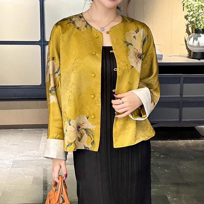 新中式国风提花外套女2025年秋季新款复古圆领珠扣唐装休闲上衣潮|undefined