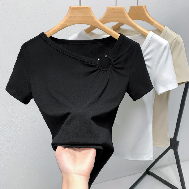 Camiseta de manga corta para mujer verano 2023 nueva camiseta de color sólido con cuello en V de estilo francés para mujer
