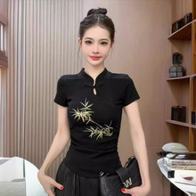 新中式女装夏季黑色立领镂空重工刺绣短袖T恤设计感国风盘扣上衣