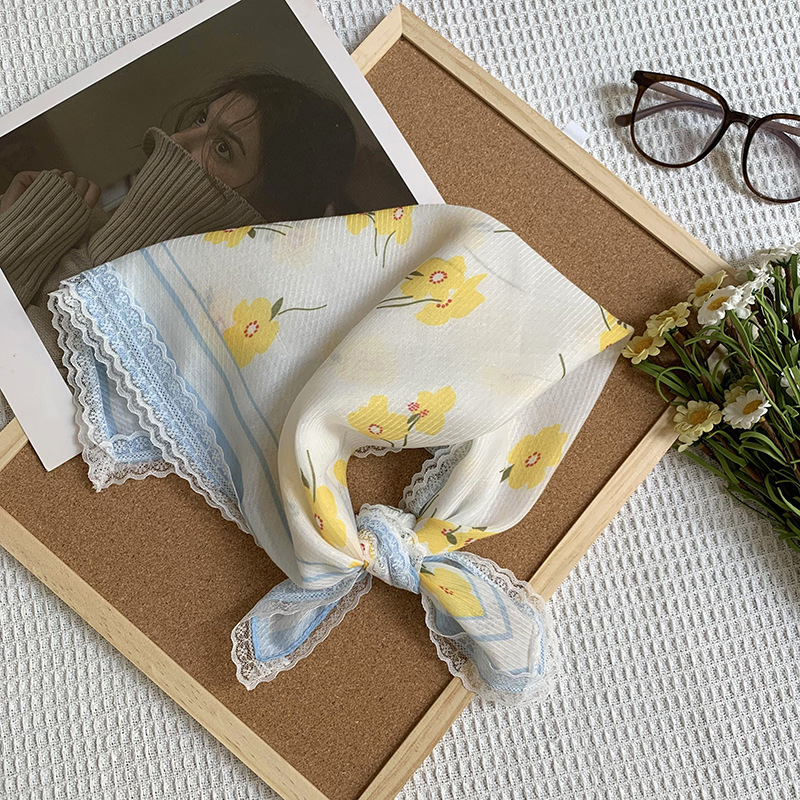 Bufanda de seda, bufanda cuadrada pequeña, sensación de alta calidad, nuevo pañuelo de encaje francés, diadema pastoral femenina de verano, cinta para el cabello atada