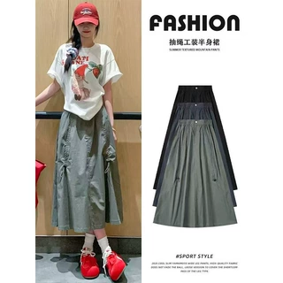 美式抽绳工装裙女夏季2026新款小个子高腰伞裙遮肉显瘦a字半身裙