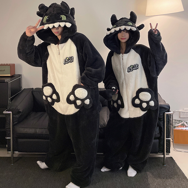 ワンピースのカップルのパジャマの女性の珊瑚の絨毯は厚いです。秋冬の男性のファスナーのフランネルの家の服は一体になります。|undefined