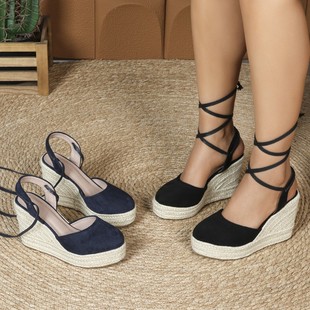 Amazon Independent Station plus size Fishmouth Wedge Sandals Women's Suede Side Empty Sandals with Roman Style Fashion Sandals
