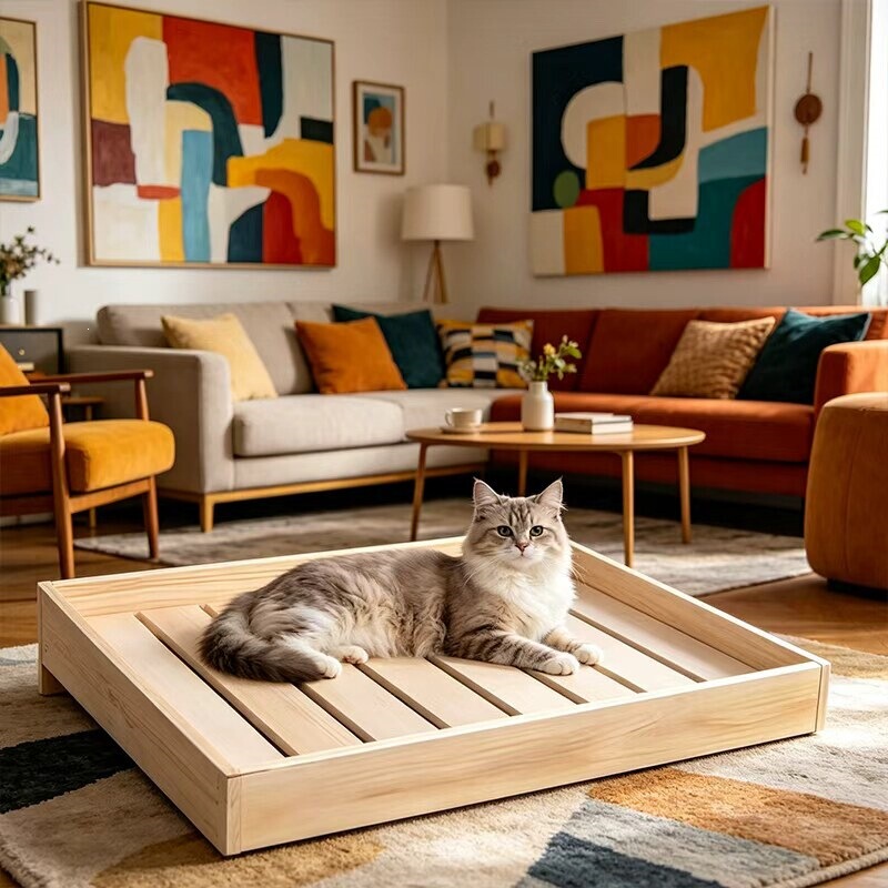 Solid Wood Pet Bed, Low Bed, Off-The-Ground Dog Bed, Moisture-Proof, Breathable Cat Bed, Tatami Slatted Frame, Hard Wooden Board, Simple Design