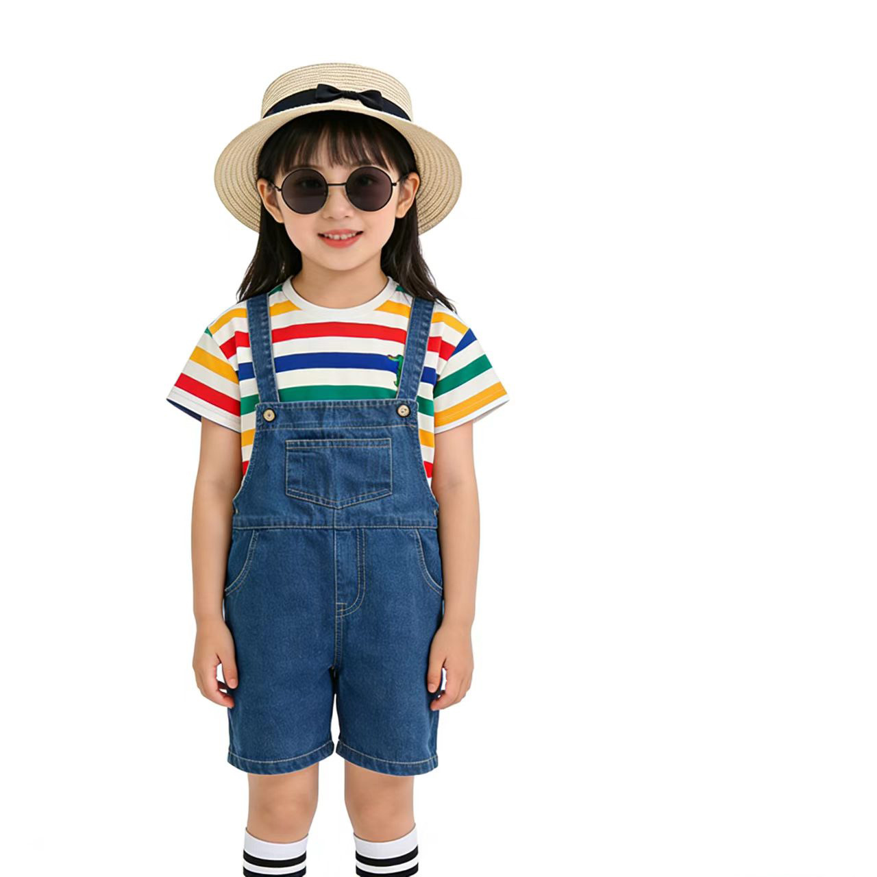 Kindergarten Clothes Children's Summer Rainbow Striped Short-sleeved Blue Strap Shorts Sunshade Suit Class Clothes Western Style Baby