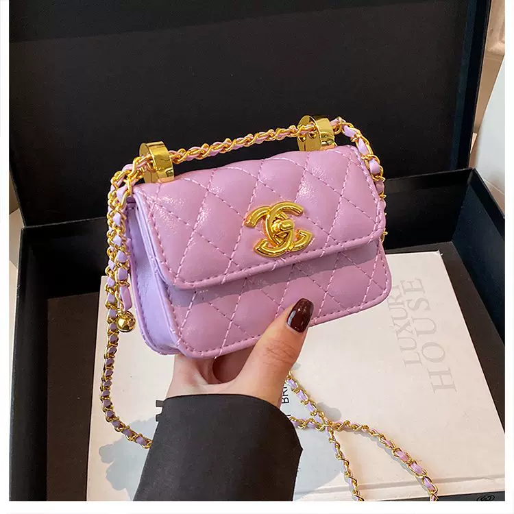 跨境批发菱格链条零钱包女2024新款双金球方胖子小腰包斜挎单肩