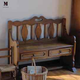 法式中古实木双三人实木沙发 复古镂空做旧直排换鞋凳 带抽屉长凳