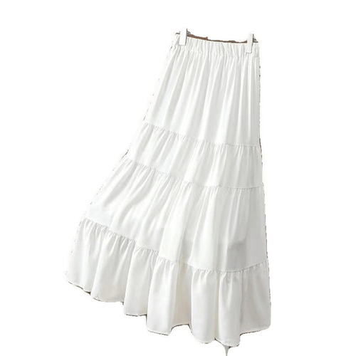 White chiffon midi skirt for women, spring and summer 2025 new design, flowing tiered cake skirt, high-waisted large swing A-line long skirt