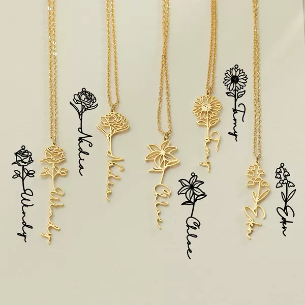 Personalized Birthday Name Necklace Stainless Steel Custom Gift Birth Flower Letter Pendant Jewelry Cross-Border Hot Sale