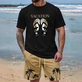 跨境新款男士夏威夷趣味拖鞋数码印花图短袖短裤圆领T恤两件套装