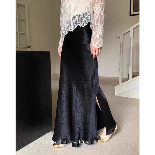 French solid acetate satin side slit semi-body skirt for women - spring new arrival, high-waisted, slimming, elegant long fish-tail skirt