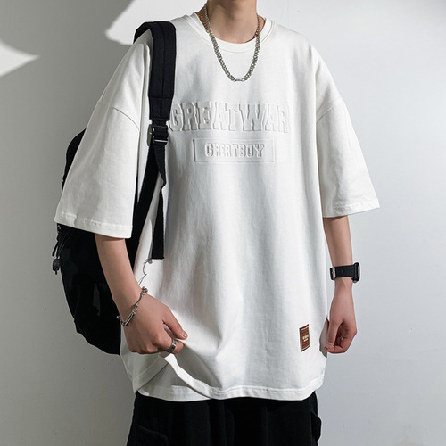 Summer Men's Short Sleeve T-Shirt Hong Kong Style Instagram Trendy Fashion Versatile T-Shirt Crew Neck Loose Plus Size Five-Finger Sleeve Trendy