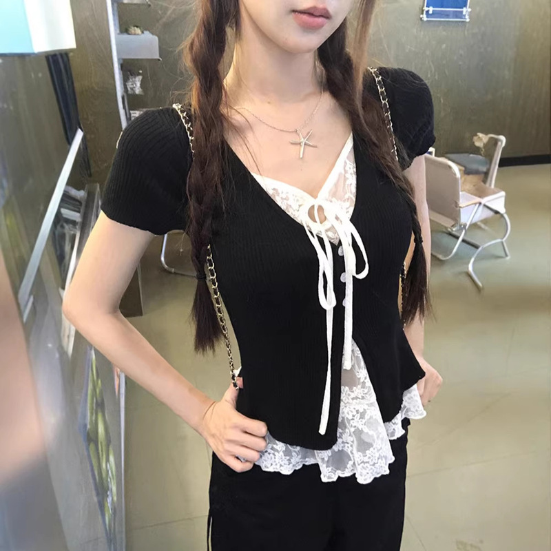 Pure Desire Style Short-Sleeve T-Shirt for Women, Summer Ootd Outfit, 2026 New Model, Black Lace Design, Stunning Top Pure Desire Style Short-Sleeve T-Shirt for Women, Summer Ootd Outfit, 2026 New Model, Black Lace Design, Stunning Top