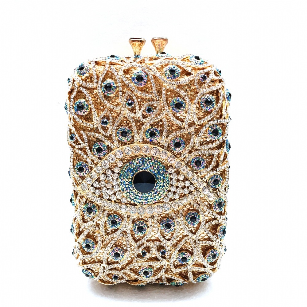 Bolsa de cena de diamantes de ojos Europa y América vestido de banquete de cristal bolsas de metal de diamantes llenas bolsas de mano vertical azul para mujeres