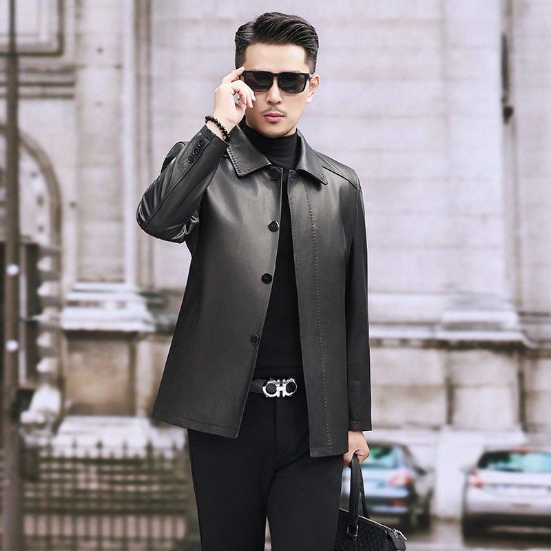 海宁真皮皮衣男中年爸爸装翻领胎牛皮秋冬外套真皮毛内胆皮夹克男