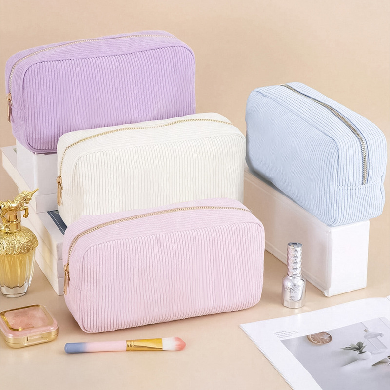 Cross-border Vertical Stripe Storage Bag Corduroy High-value Cosmetic Bag Portable Toiletry Bag Large Capacity Travel Cosmetic Bag