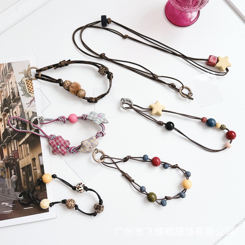 复古星星木质珠子油蜡绳手机挂绳防丢防偷解放双手手提挂件手机链