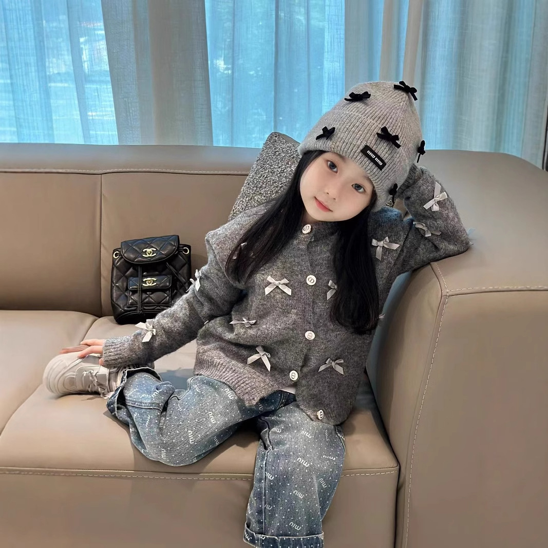 (2개) FW 2024 가을 새 소녀 프랑스 달콤한 3 차원 활 올 매치 카디건 스웨터 티셔츠 청바지