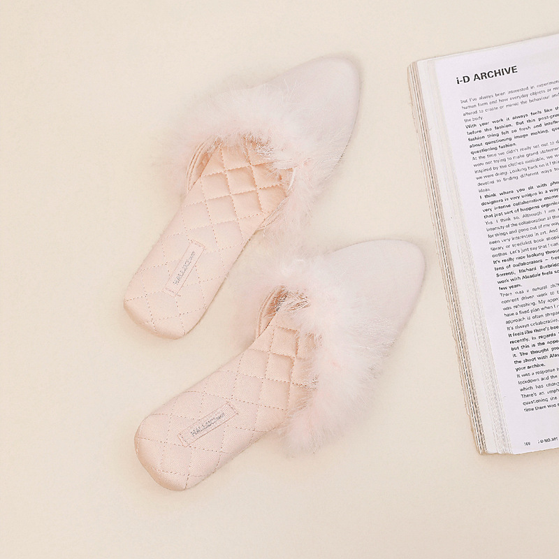 Halluci Four-Season Satin Turkey Feather Fashion Slippers Breathable Non-Slip Waterproof Silent Home Slippers for Women